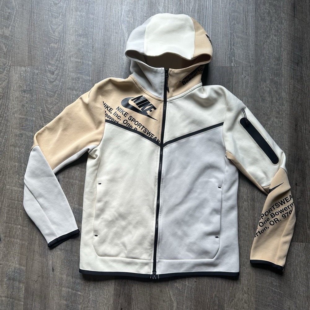 Nike Sportswear Tech Fleece Full Zip Hoodie Beige Graphic Mens M CU4489-063 EXC+